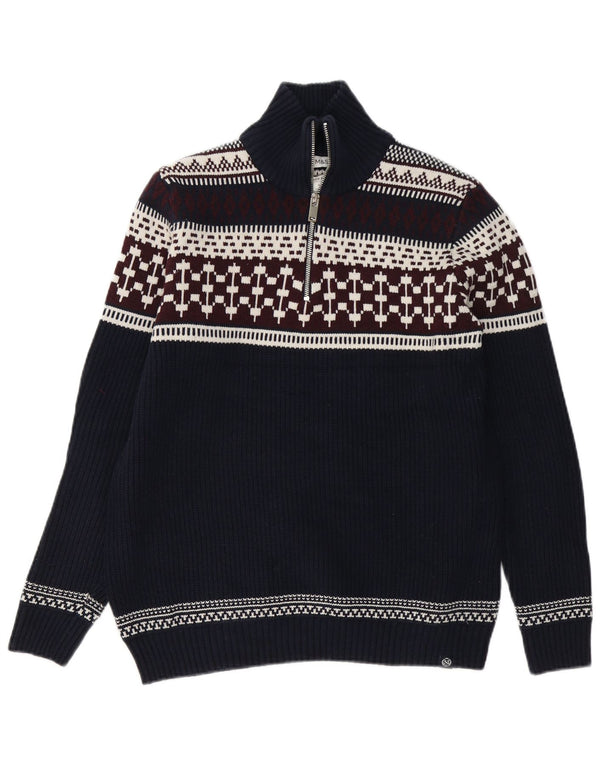 Marks & Spencer Mens Zip Neck Jumper Sweater Large Navy Blue Fair Isle