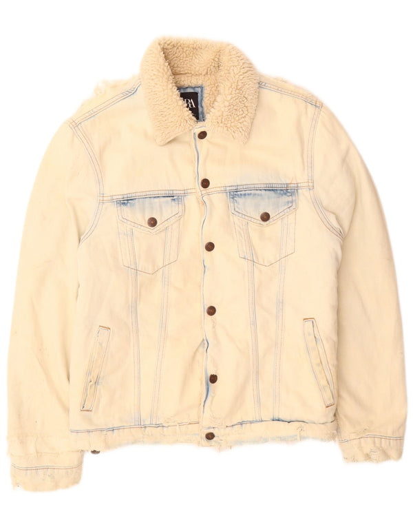 Zara Mens Sherpa Denim Jacket UK 36 Small Beige Algodón