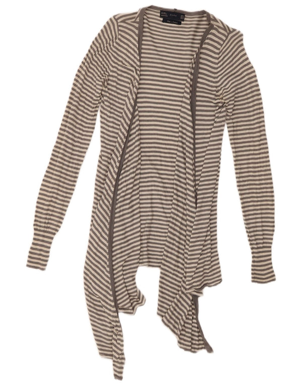 Zara Mujeres Longline Asimétrico Cardigan Suéter UK 42 Gris Medio Rayas