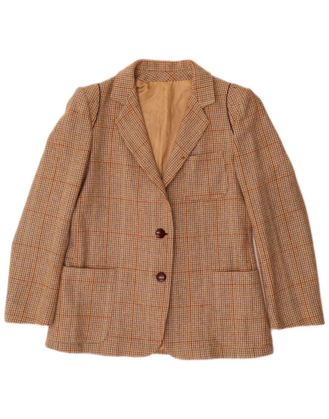 Vintage mujer 2 botones Blazer chaqueta IT 46 lana de cuadros marrón grande