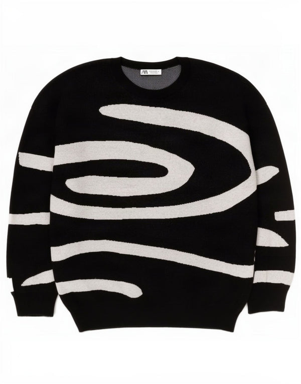 Zara Hombre Suéter Con Cuello Redondo Y Estampado Abstracto Grande Negro Algodón