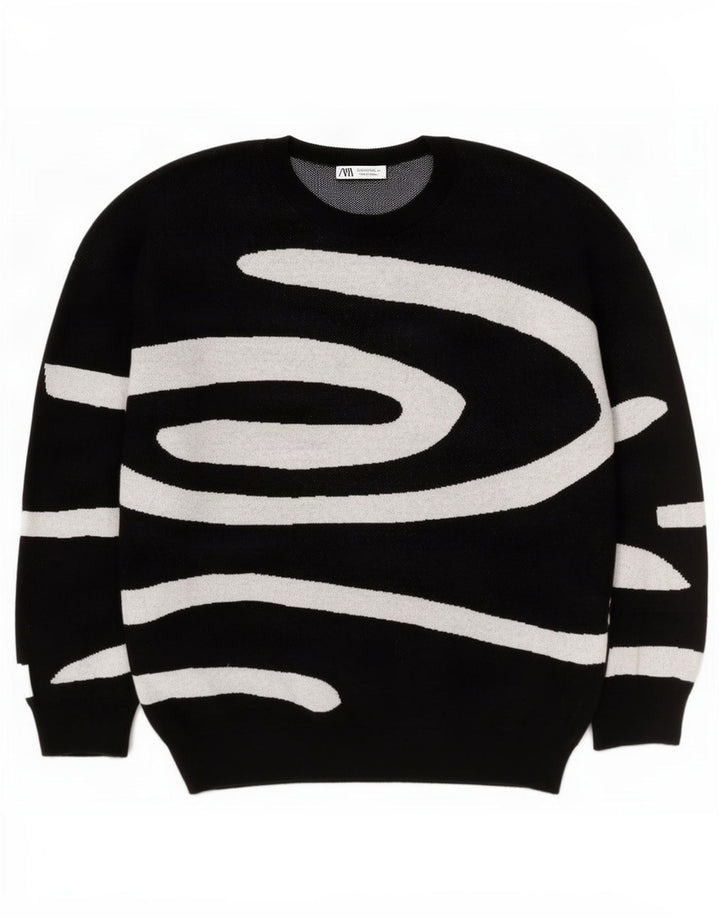 Zara Hombre Suéter Con Cuello Redondo Y Estampado Abstracto Grande Negro Algodón