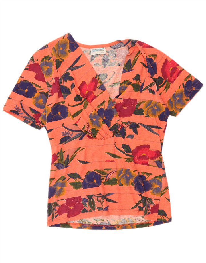VINTAGE Blusa de mujer Top Reino Unido 14 Algodón floral naranja medio