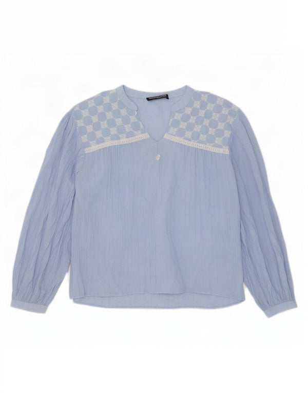 Zara Mujer Blusa Extragrande De Manga Larga Top UK 40 XL Azul Geométrico