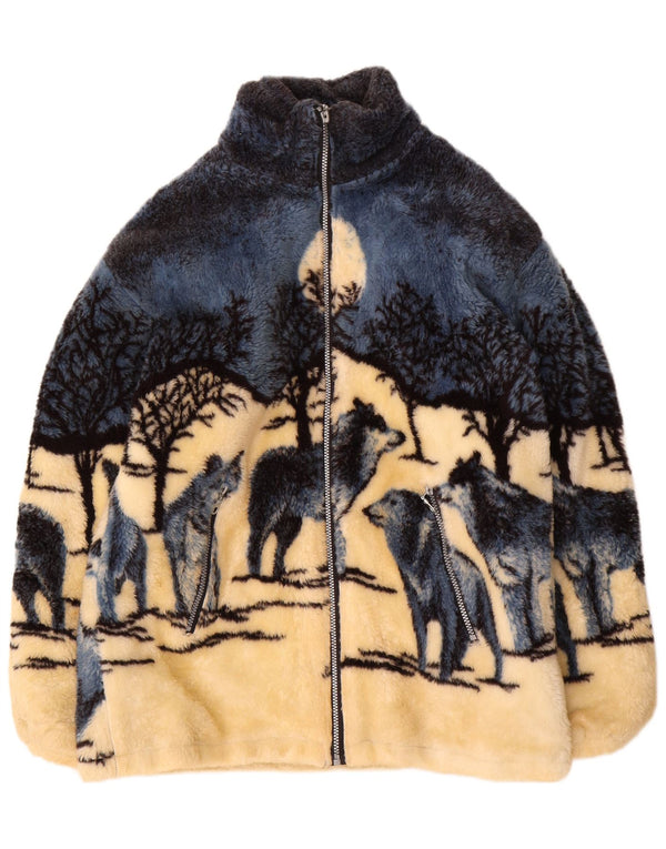 Vintage hombres lobo gráfico chaqueta de vellón Reino Unido 38 azul medio estampado animal