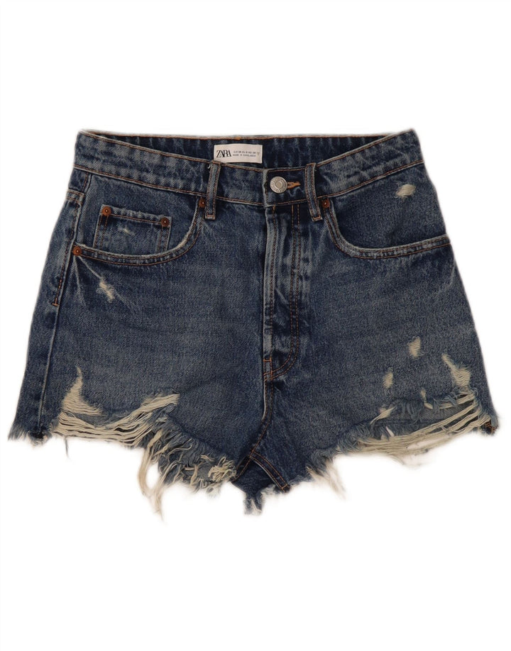 Zara Pantalones cortos de mezclilla desgastados para mujer EU 38 Small W28 Azul