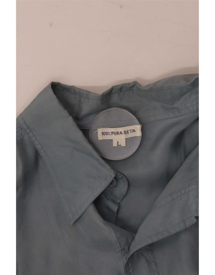 Camisa vintage de manga corta para hombre de seda azul grande
