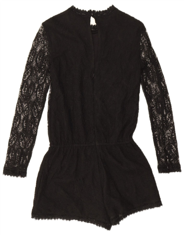 Zara Mujer Mono Corto De Manga Larga UK 10 Small Black Paisley Poliéster