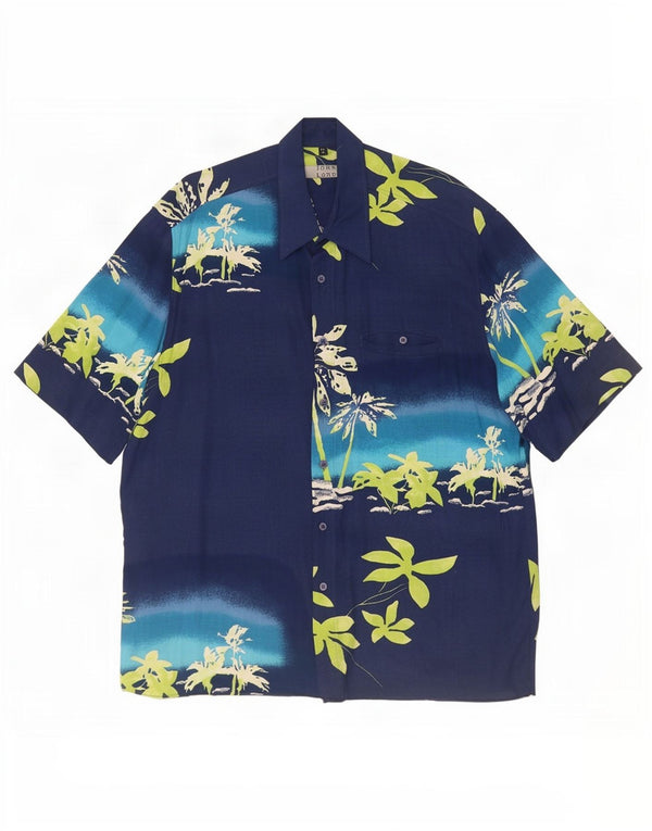 Vintage Mens Short Sleeve Shirt Size 42 Large Navy Blue Floral Hawaiian