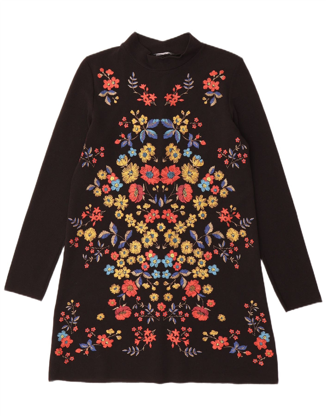 Zara Vestido recto de manga larga para mujer UK 40 Pequeño Poliéster floral negro