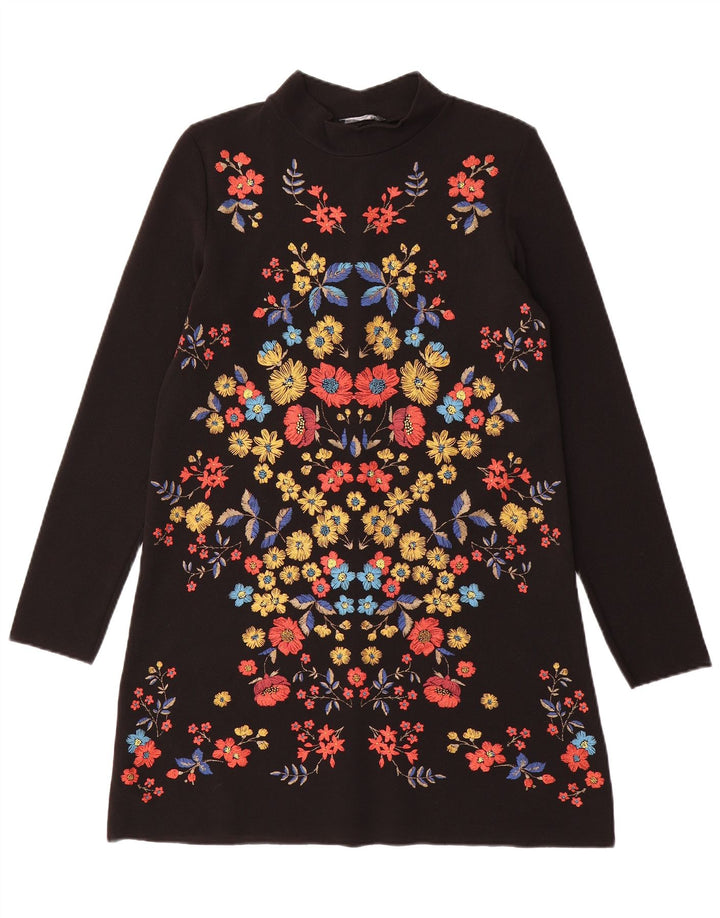 Zara Vestido recto de manga larga para mujer UK 40 Pequeño Poliéster floral negro