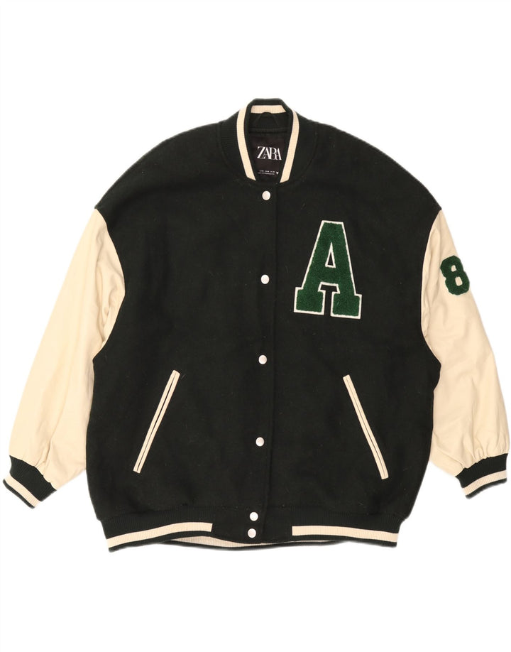 ZARA Chaqueta universitaria gráfica para hombre ES 38 Poliéster con bloques de color verde medio
