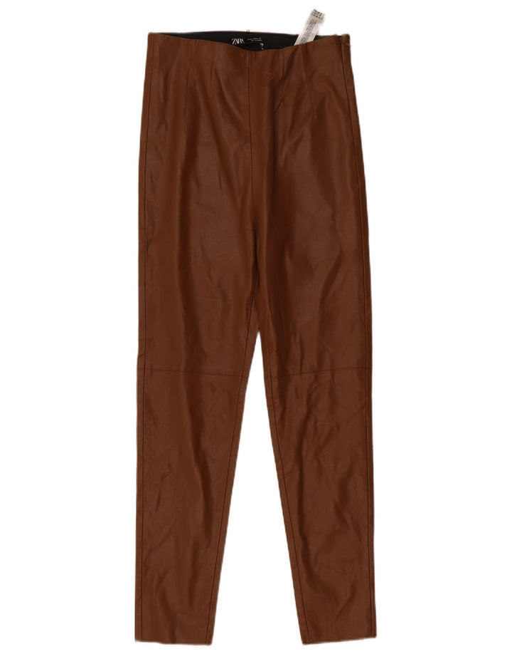 Zara Mujer Pantalón Pitillo De Piel Sintética Mediano W28 L27 Marrón Poliéster