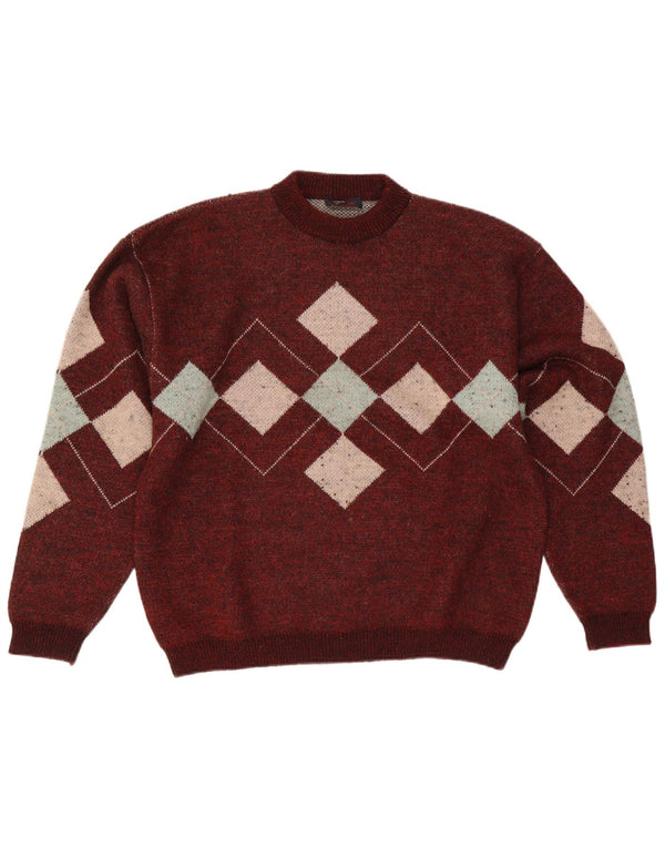 Vintage hombres cuello redondo jersey suéter grande borgoña Argyle/Diamante