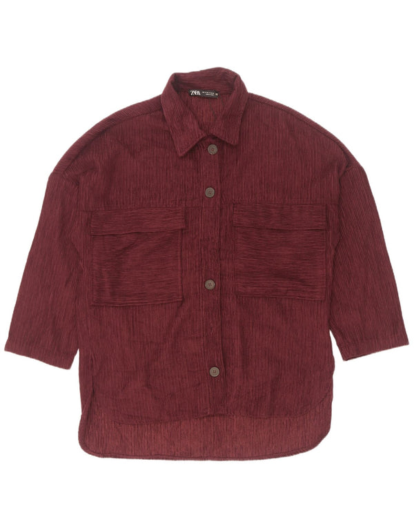 Zara Camisa De Pana De Manga 3/4 De Gran Tamaño para Mujer UK 10 Small Borgoña