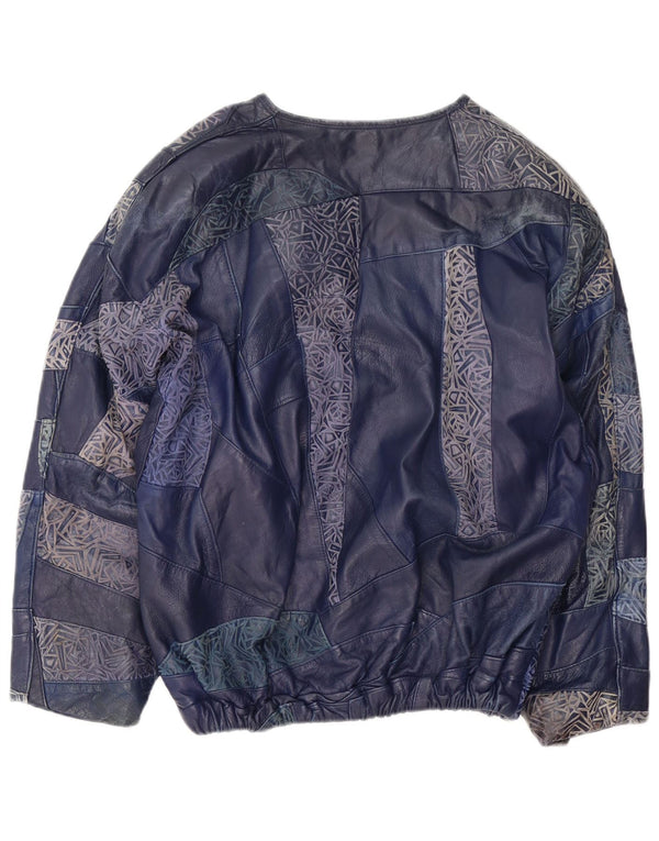 Vintage mujer pullover chaqueta de cuero Reino Unido 16 gran patchwork azul marino