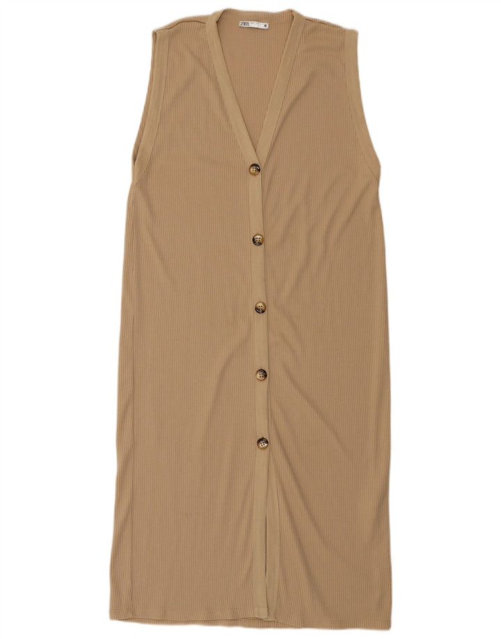 Zara Mujer Maxi Vestido Sin Mangas UK 46 Grande Poliéster Beige