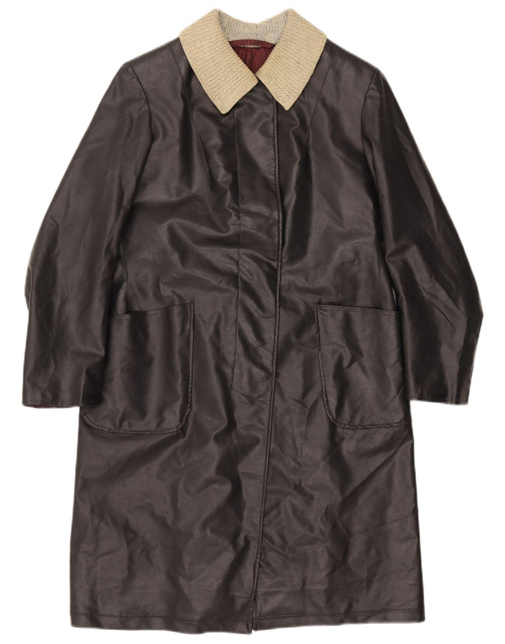 VINTAGE Abrigo de cuero para mujer Reino Unido 12 Bloque de color negro medio