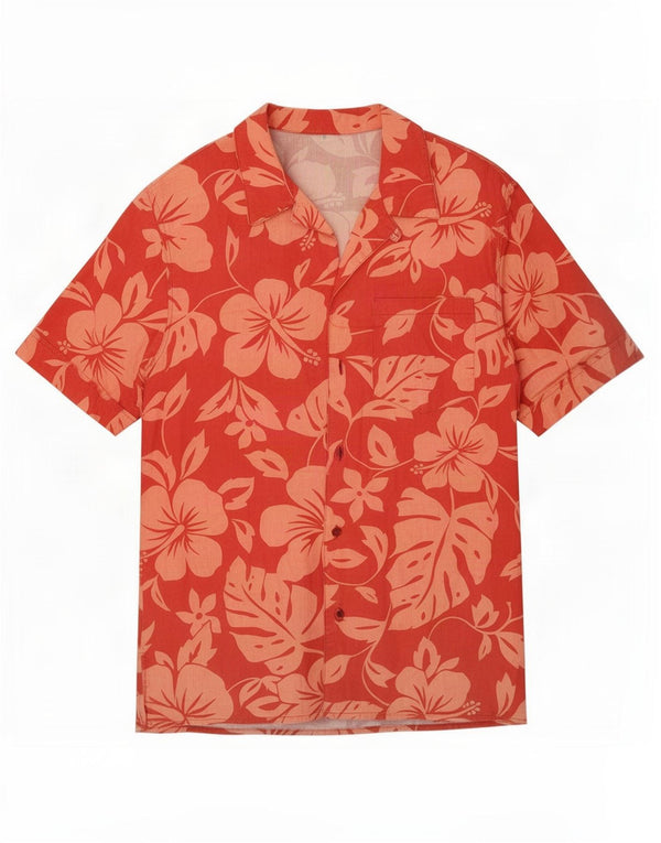 Vintage hombres hawaiano manga corta camisa medio rojo floral