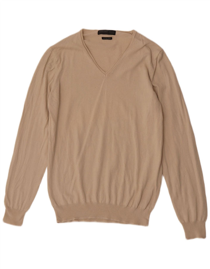 Zara Hombre Regular Fit Jersey Con Cuello En V Jersey Grande Algodón Beige