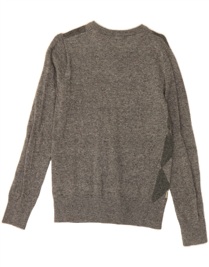 JACK & JONES Mens V-Neck Jumper Sweater Medium Grey Argyle/Diamond Wool Vintage Jack & Jones and Second-Hand Jack & Jones from Messina Hembry 