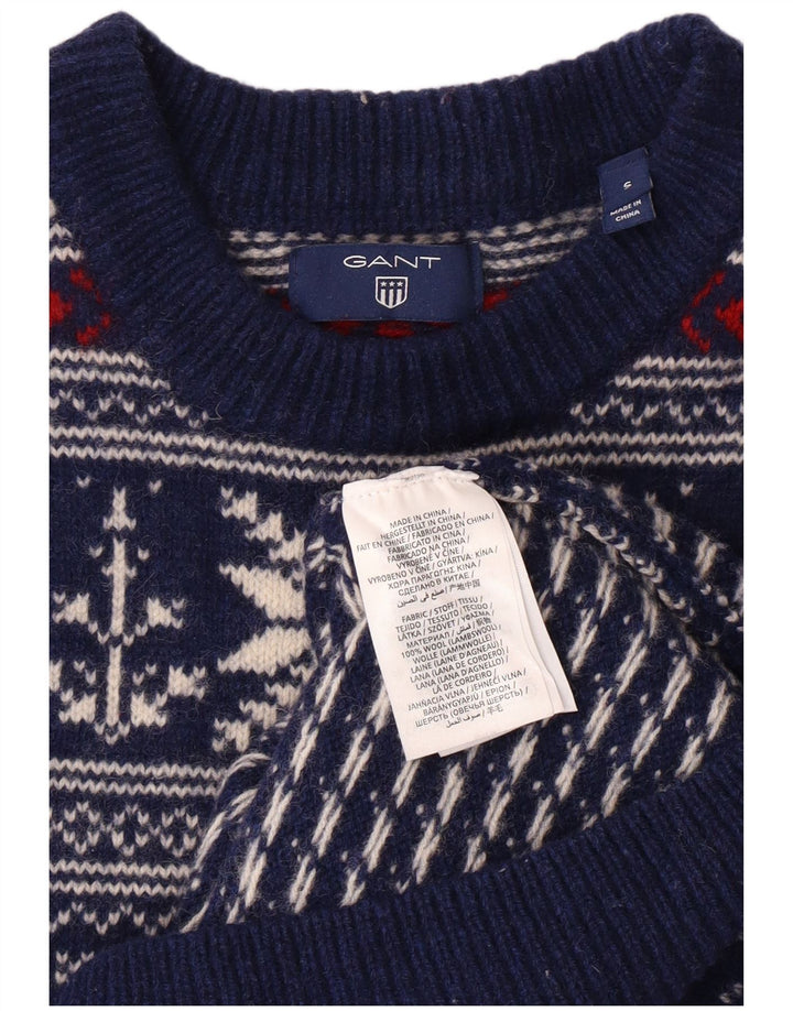 GANT Jersey de cuello redondo para hombre, talla pequeña, lana Fair Isle azul marino