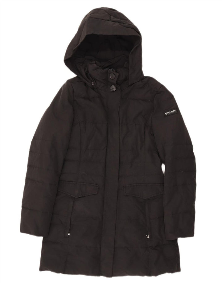 Woolrich Abrigo acolchado con capucha para mujer UK 10 Small Black