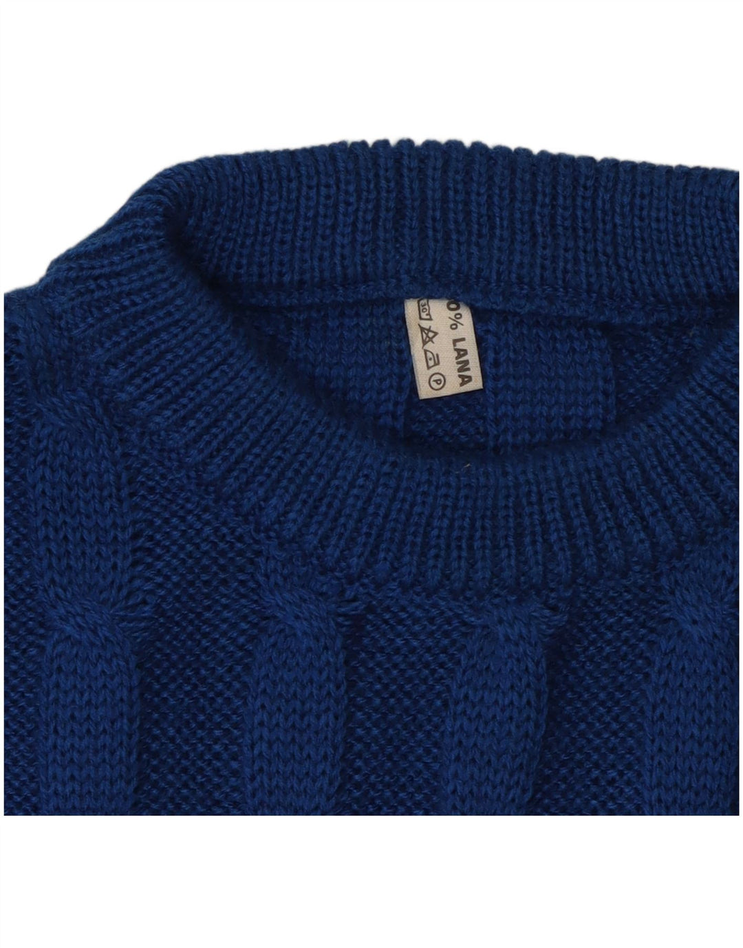 VINTAGE Jersey de cuello redondo para hombre suéter de lana azul medio