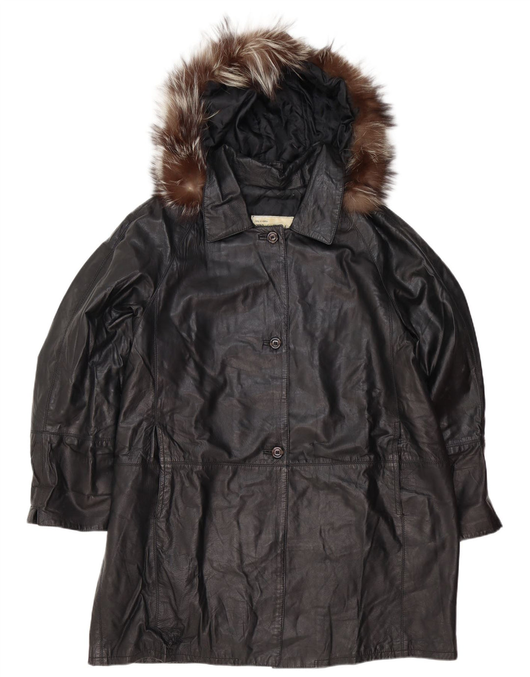 Vintage mujer con capucha abrigo de cuero de gran tamaño IT 48 XL cuero negro