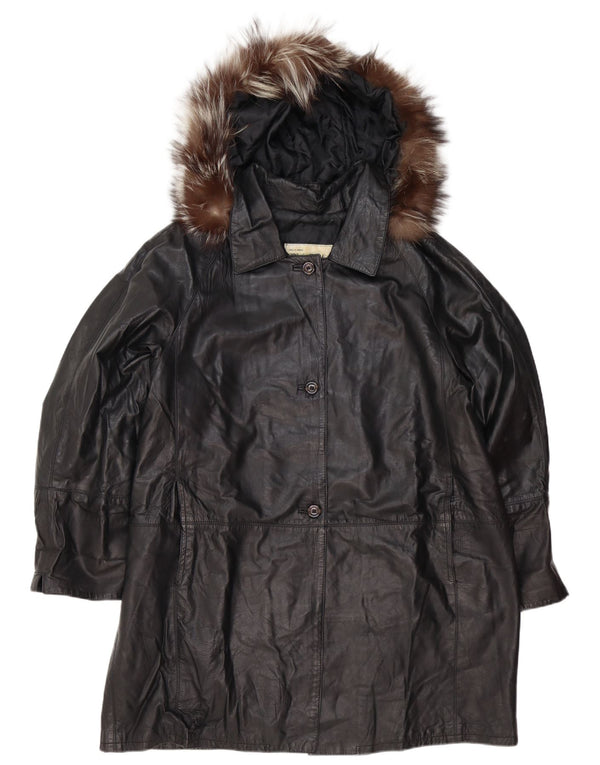 Vintage mujer con capucha abrigo de cuero de gran tamaño IT 48 XL cuero negro