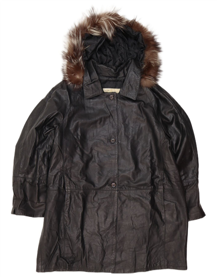 Vintage mujer con capucha abrigo de cuero de gran tamaño IT 48 XL cuero negro