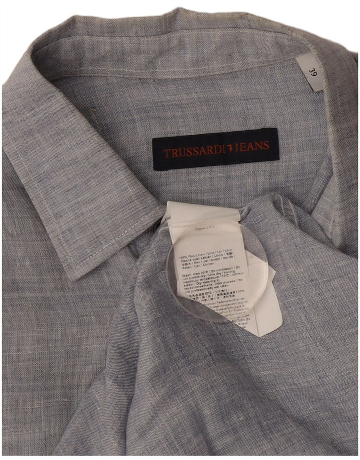 Camisa Trussardi Hombre Talla 39 Lino jaspeado azul medio