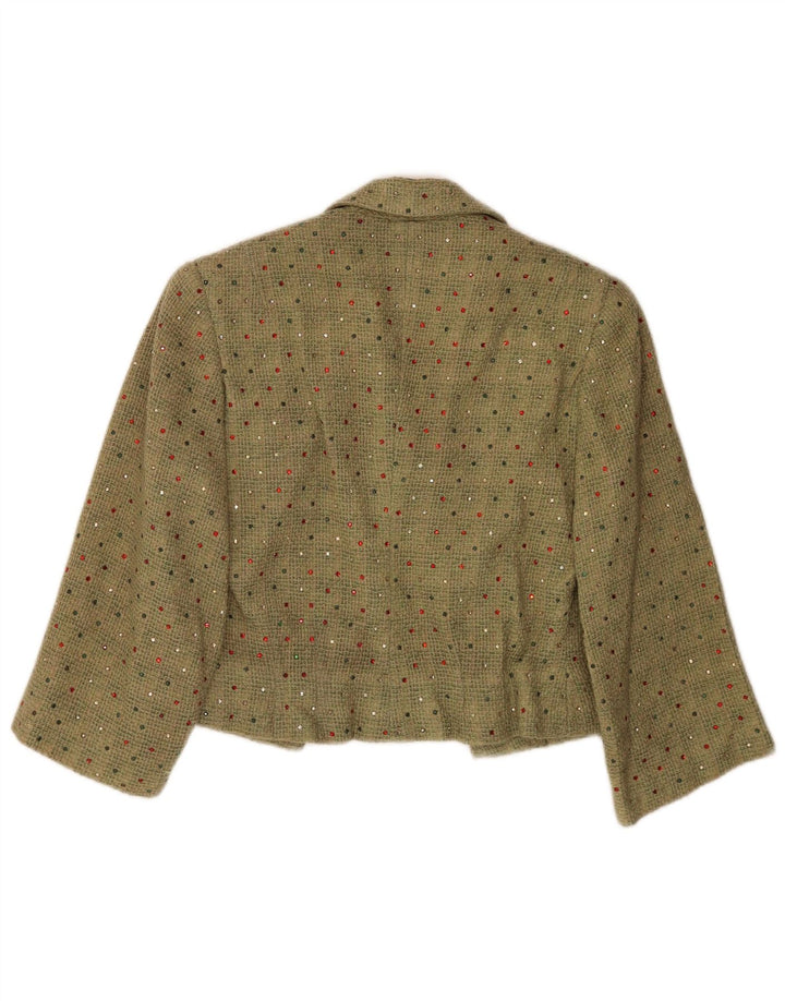 Vintage mujer crop 3/4 manga Blazer chaqueta Reino Unido 12 verde medio manchado