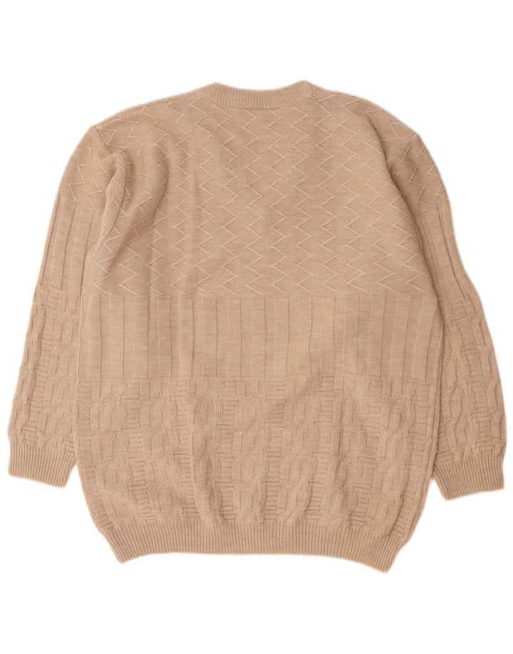 Vintage hombres V-cuello jumper suéter grande beige poliacrílico