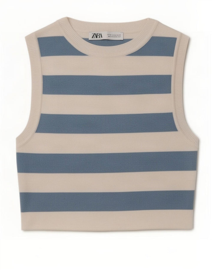 Zara Mujer Crop Vest Top UK 40 Mediano Rayas Azul