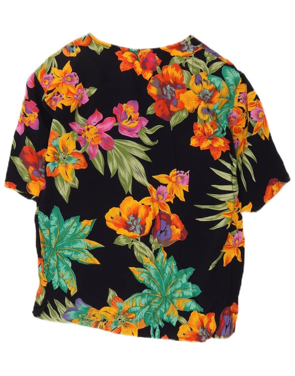 Vintage mujer camisa de manga corta blusa Reino Unido 12 medio negro floral