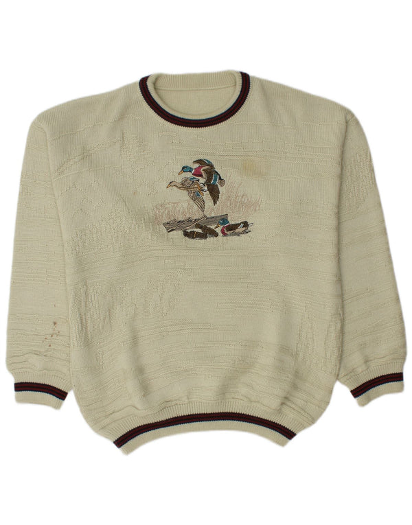 Vintage hombres gráfico cuello redondo jersey suéter Reino Unido 46/48 2XL beige acrílico