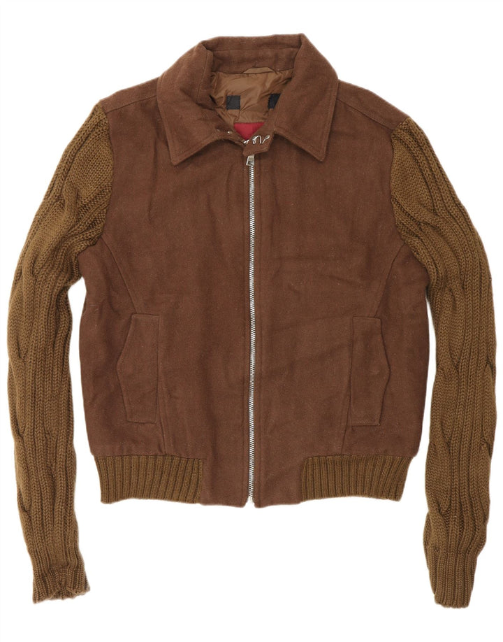 Zara Mens Knit Bomber Jacket UK 40 Large Marrón Colorblock Lana