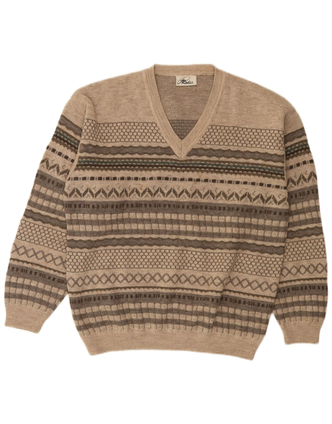 Jersey Rodes Hombre Con Cuello En V De Lana A Rayas Beige Medio
