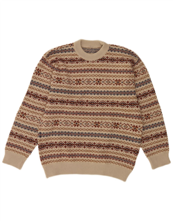 Vintage hombres cuello redondo jersey suéter medio beige Fair Isle