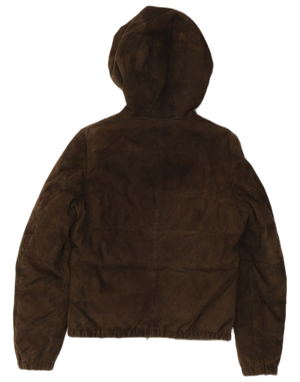 Max Mara Chaqueta acolchada de ante con capucha para mujer UK 10 Small Khaki Leather Biker