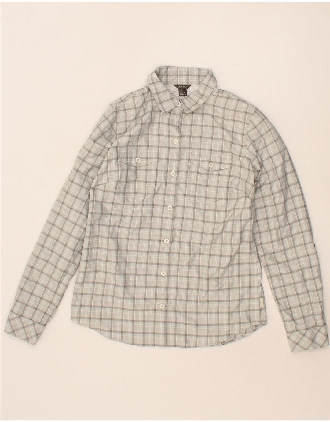 EDDIE BAUER Womens Loose Fit Shirt UK 6 XS Grey Check Polyester Vintage Eddie Bauer and Second-Hand Eddie Bauer from Messina Hembry 