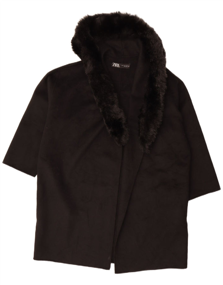Zara Mujer Abrigo Abierto Extragrande Con Capucha UK 40 XL Lana Negra