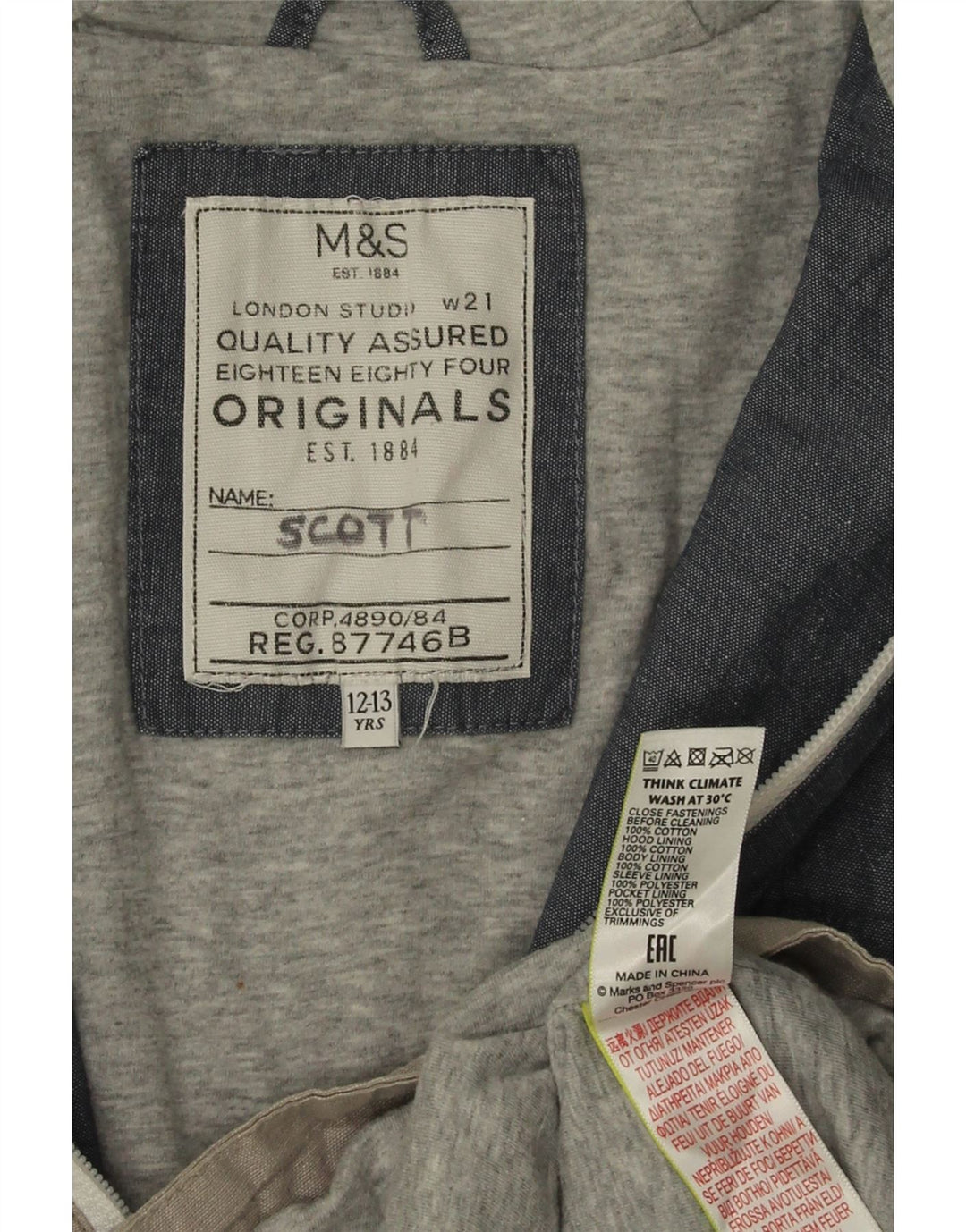 Marks & Spencer Chaqueta cortavientos con capucha para niños 12-13 años Bloque de color gris