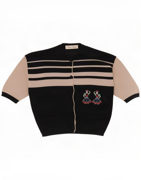 Suéter tipo cárdigan de manga corta vintage para mujer UK 44 Mediano Rayas negras