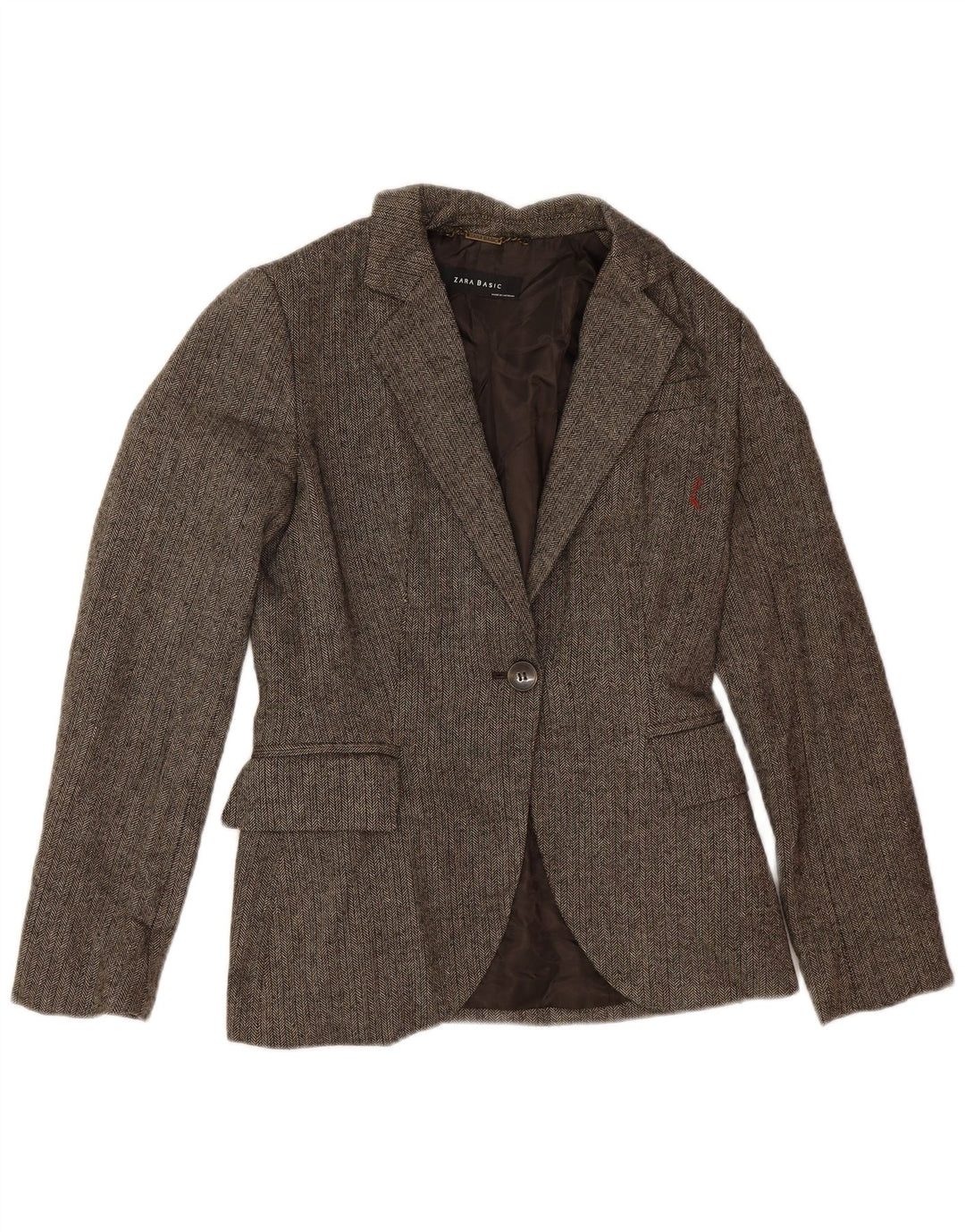 Zara Chaqueta Blazer De 1 Botón para Mujer UK 42 Lana De Espiga Marrón Medio