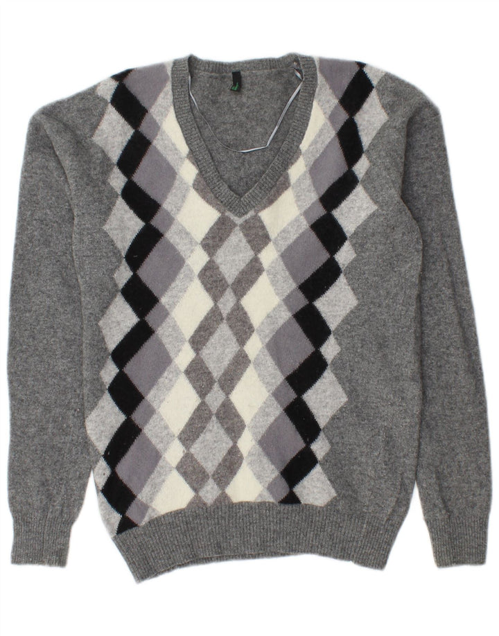 BENETTON Suéter con cuello en V para mujer UK 10 Small Grey Argyle/Diamond Wool