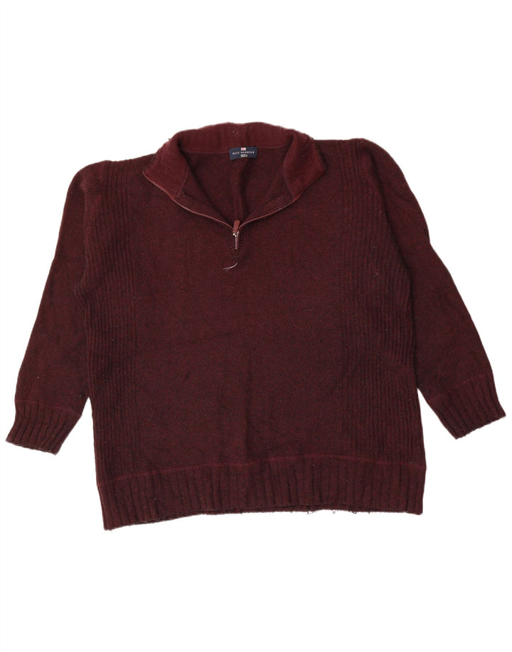 Marks & Spencer Suéter tipo jersey con cuello y cremallera para hombre, tamaño grande, de lana de cordero color burdeos