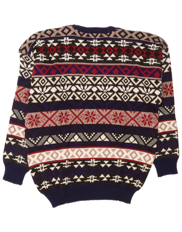 Vintage hombres cuello redondo jersey suéter grande multicolor Fair Isle acrílico