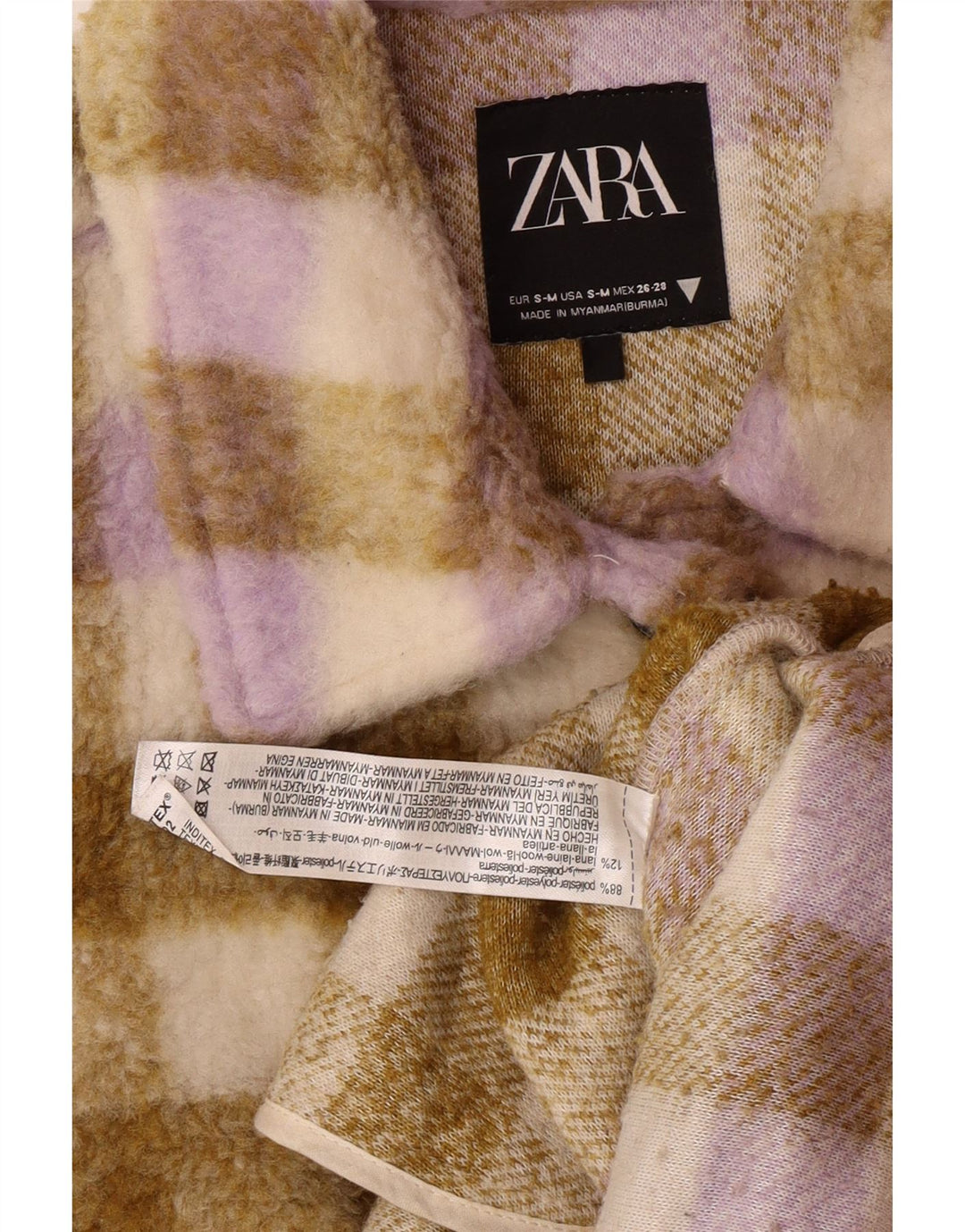 Zara Mujer Chaqueta Polar Extragrande UK 10 Pequeña Poliéster A Cuadros Beige